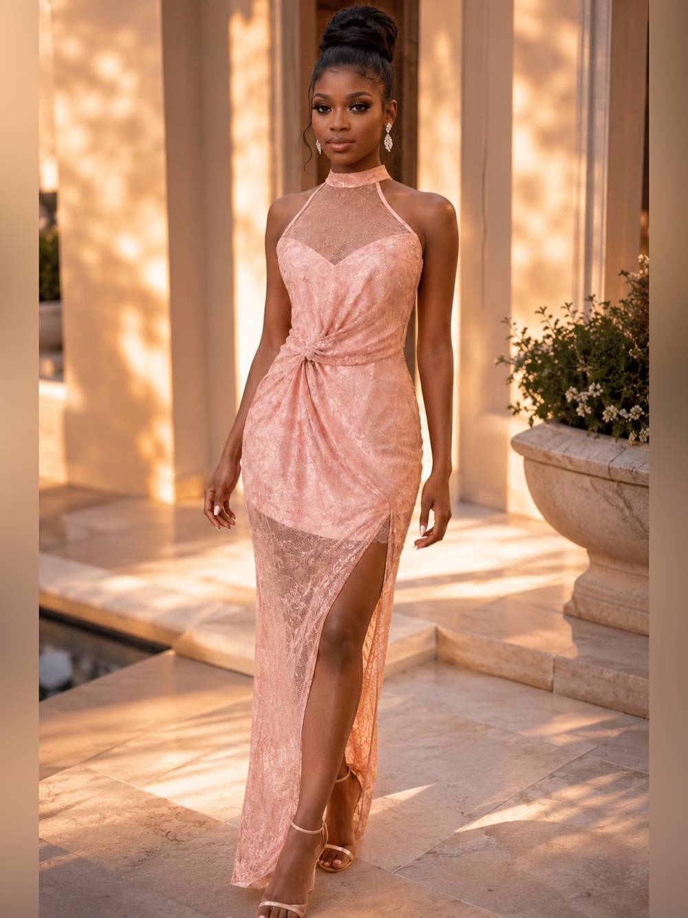 NBD Revolve Dusty Pink Lace Halter Gown Cottagecore Barbie Formal Dress M Prom